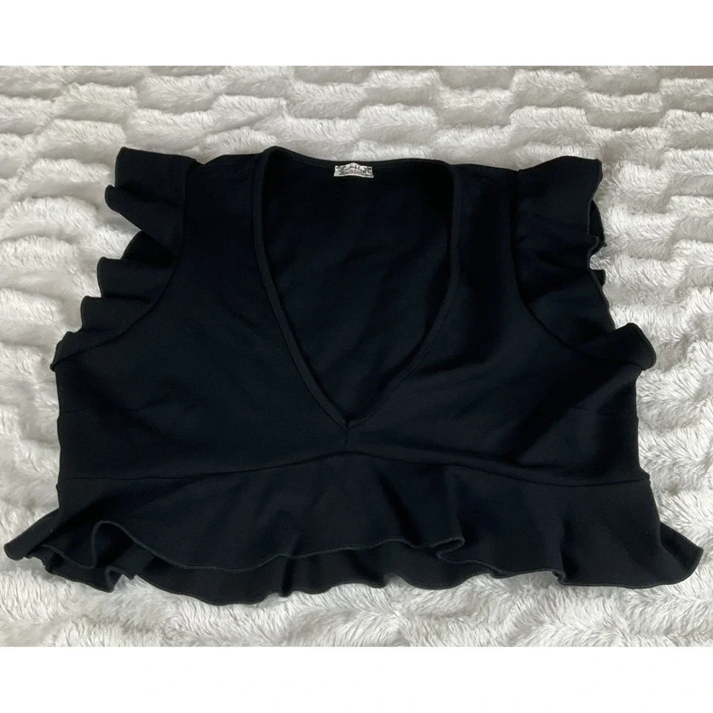 Free People Intimately Free Size L Black Ruffle V Neck Crop Top